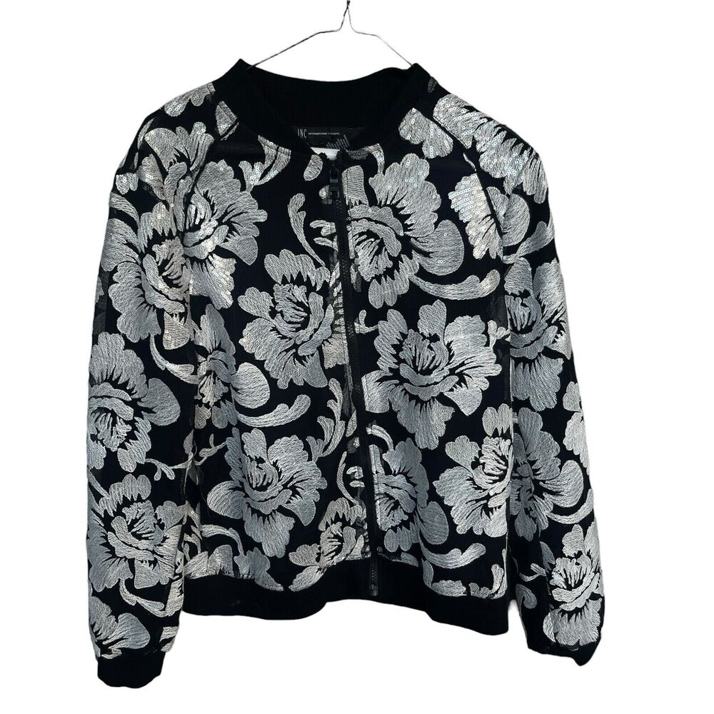 INC International Concepts Jacket Womens Medium Sequin Full Zip Ornate Floral‎
